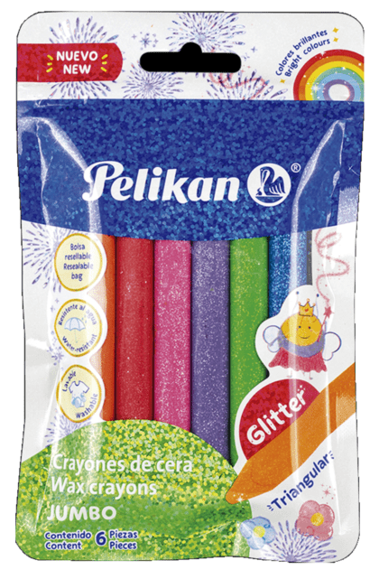 CRAYONES PELIKAN JUMBO TRIAGULAR CON GLITTER, 6 PIEZAS