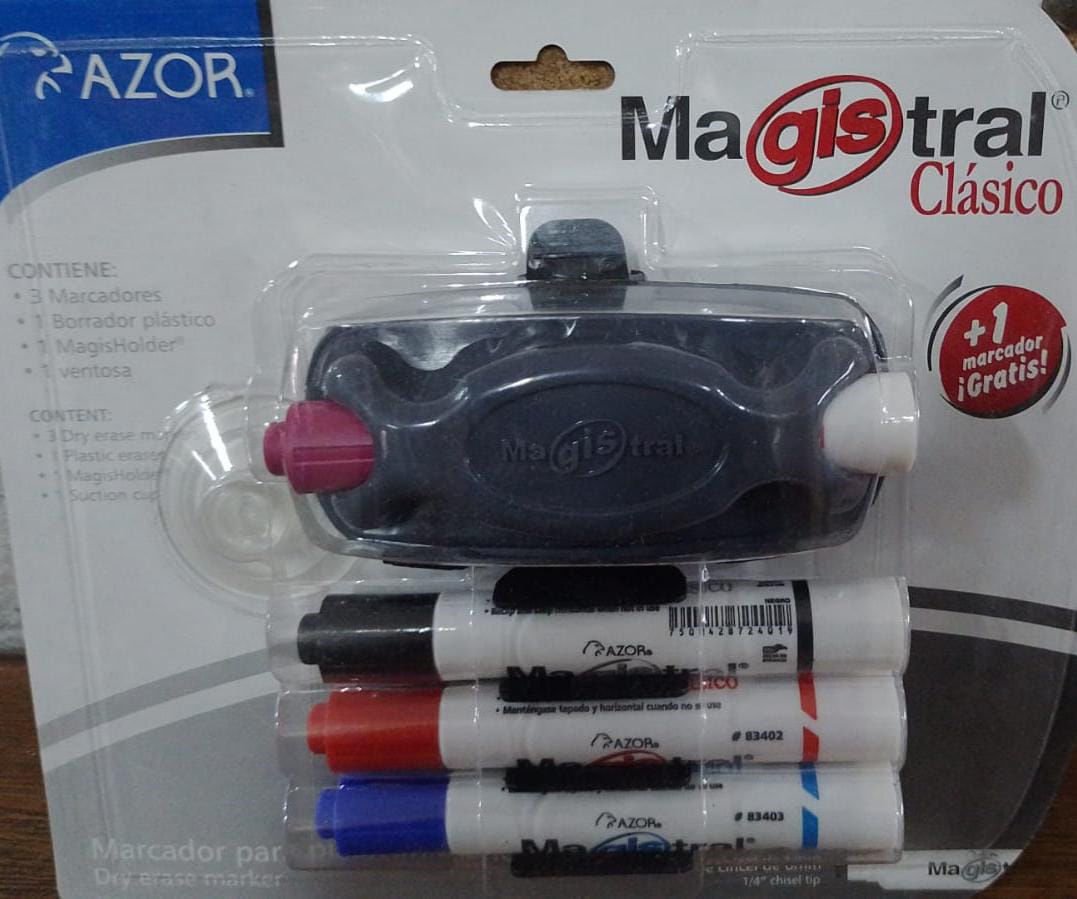 PLUMÓN PARA PIZARRON CLASICO MAGISTRAL CON 3 COLORES Y BORRADOR AZOR