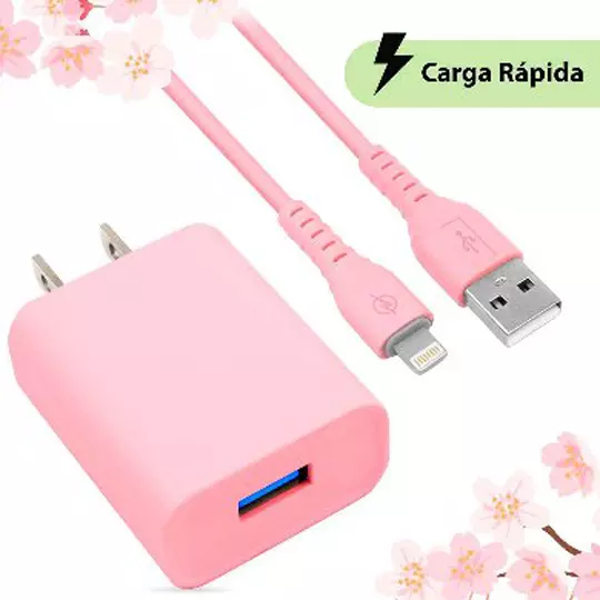 CARGADOR USB BROBOTIX CARGA RÁPIDA COMBO Y CABLE USB - LIGHTNING ROSA