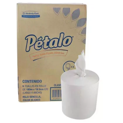 TOALLA EN ROLLO BLANCA PETALO DE 180 M,CAJA CON 6 BOBINAS, FLUIDO CENTRICO
