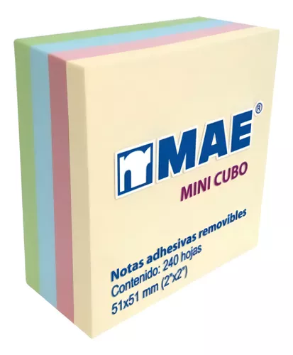 CUBO DE NOTAS ADHESIVAS STICKIN MAE 2X2 COLOR PASTEL CON 250 NOTAS
